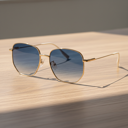 Ruth Blue Gradient Lens Sunglasses - Gold Geometric Metal Frame - Lifestyle Shot