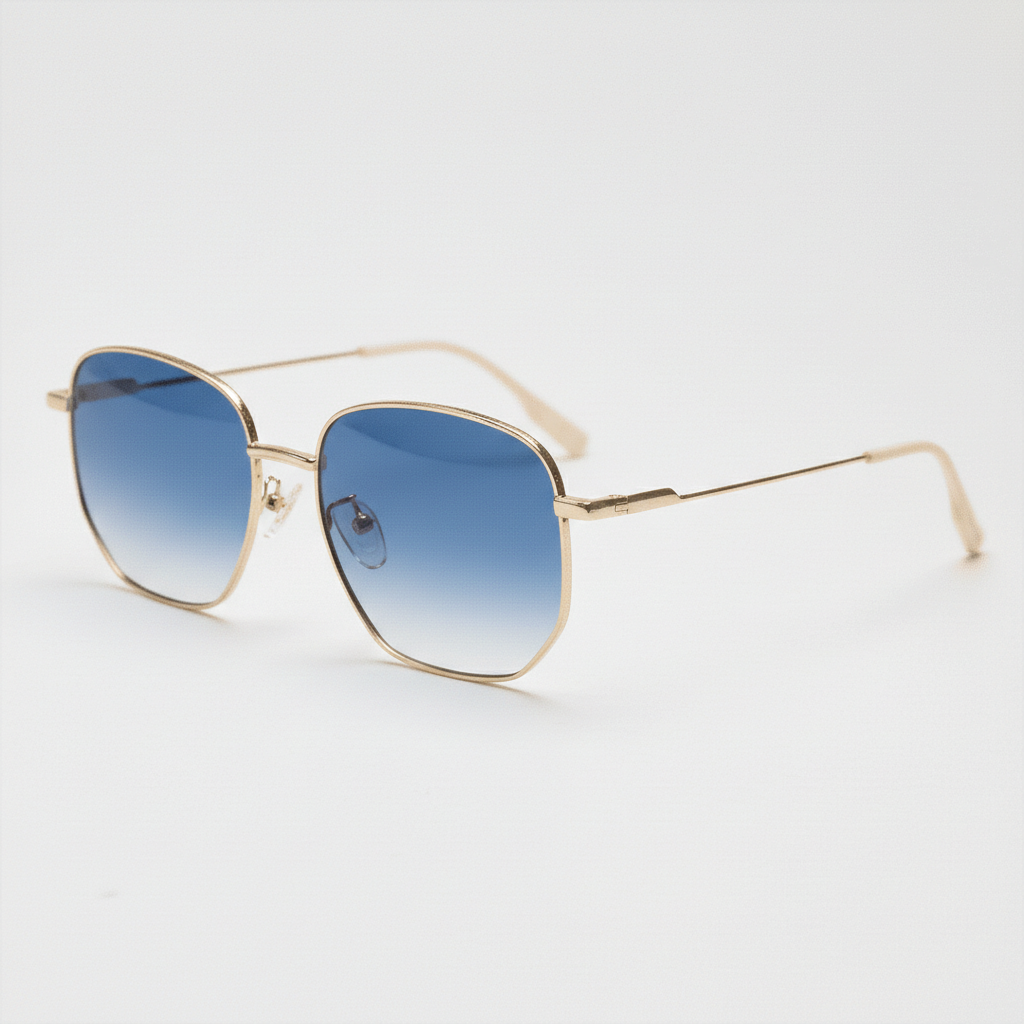 Ruth Blue Gradient Lens Sunglasses - Gold Geometric Metal Frame - Side View