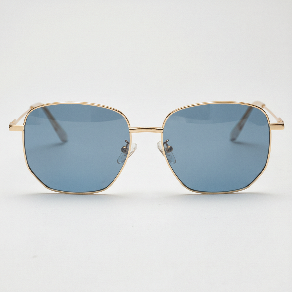 Ruth Blue Tinted Lens Sunglasses - Gold Geometric Metal Frame - Front View