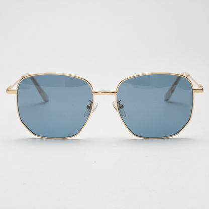 Ruth Blue Tinted Lens Sunglasses - Gold Geometric Metal Frame - Front View
