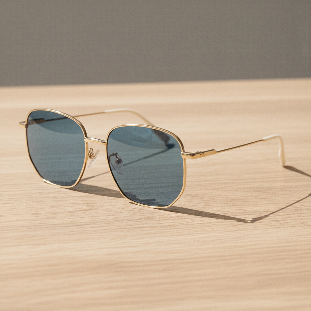 Ruth Blue Tinted Lens Sunglasses - Gold Geometric Metal Frame