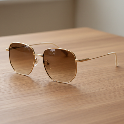 Ruth Brown Gradient Lens Sunglasses - Gold Geometric Metal Frame - Lifestyle Shot
