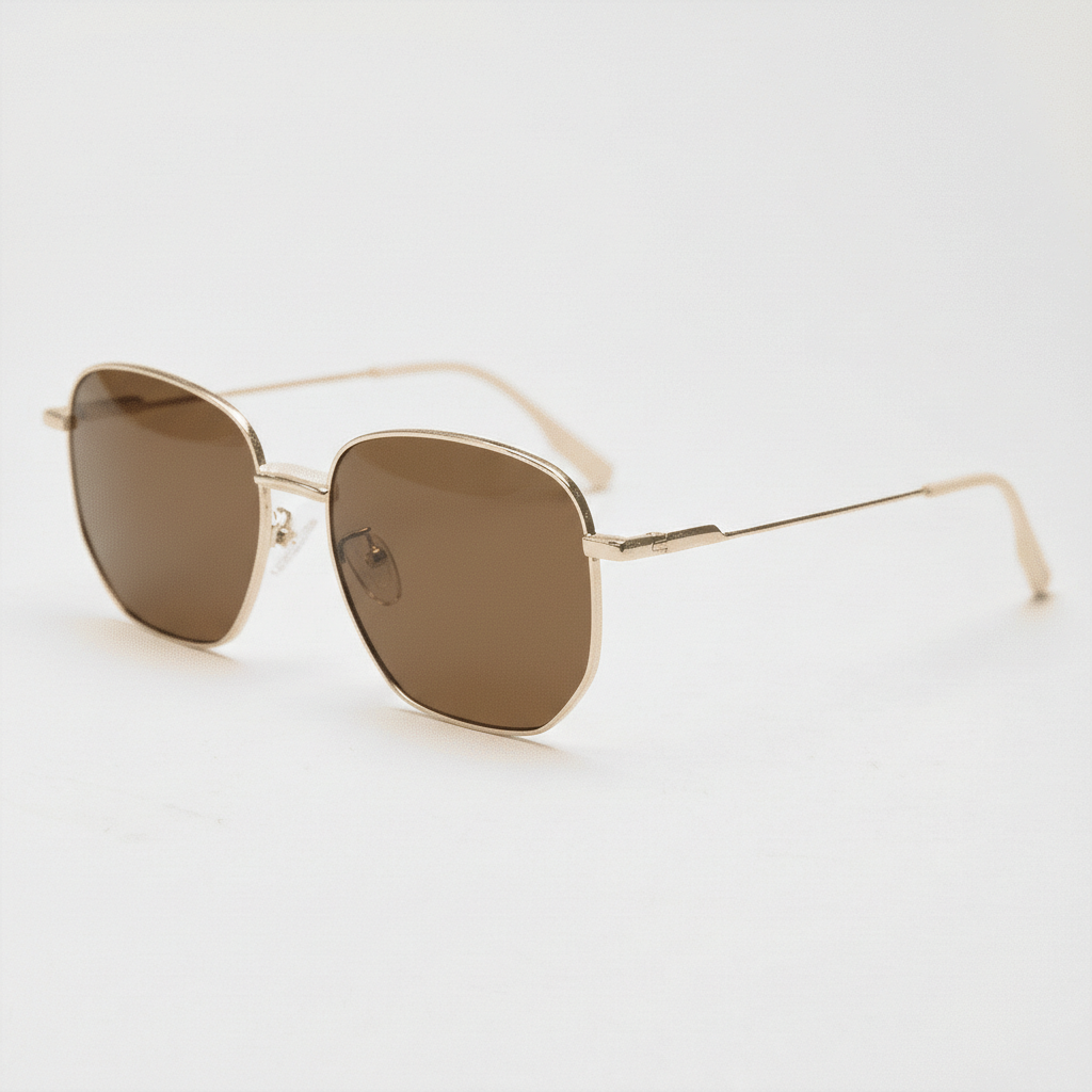 Ruth Brown Tinted Lens Sunglasses - Gold Geometric Metal Frame - Side View