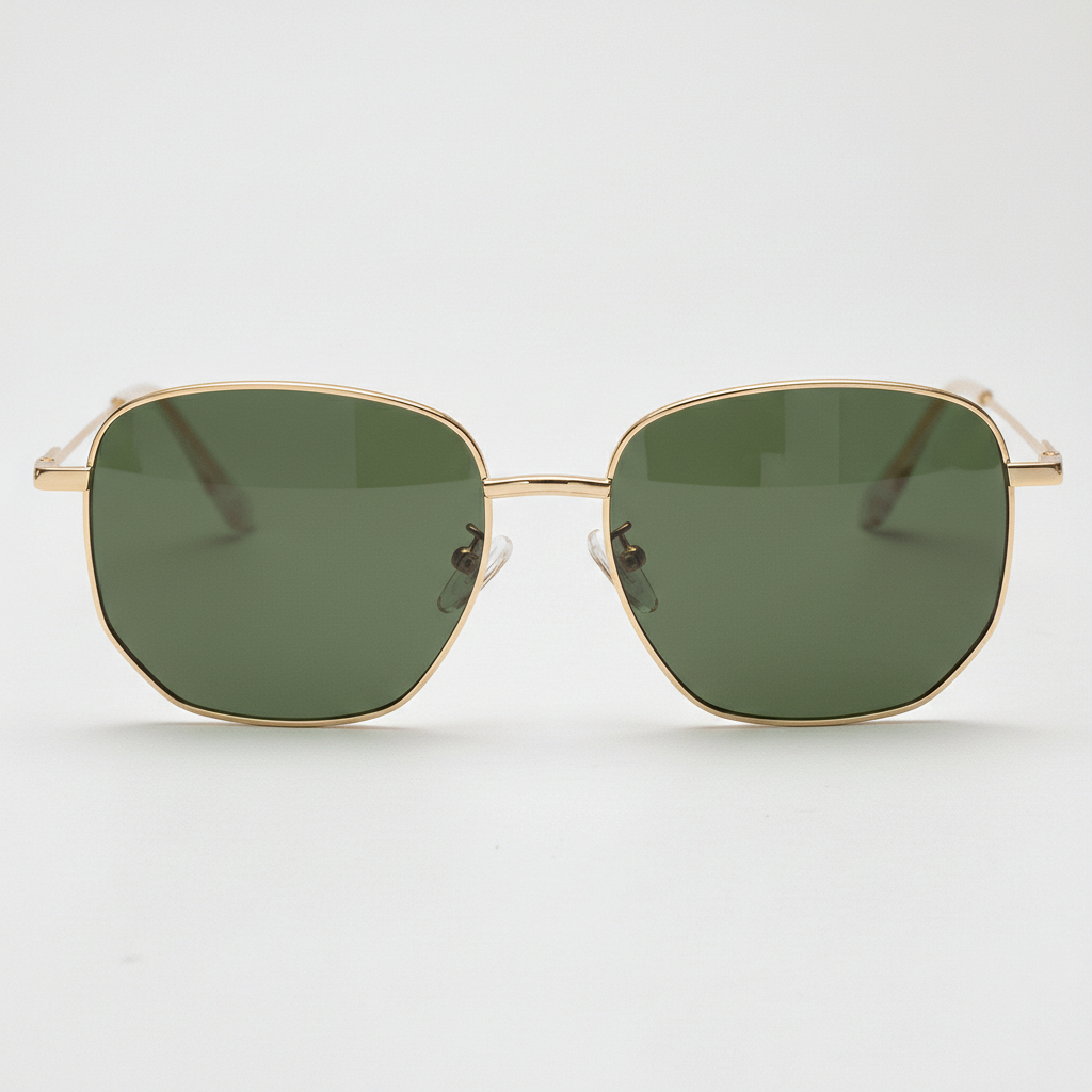 Ruth Green Tinted Lens Sunglasses - Gold Geometric Metal Frame - Front View