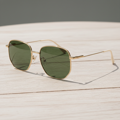 Ruth Green Tinted Lens Sunglasses - Gold Geometric Metal Frame - Lifestyle Shot