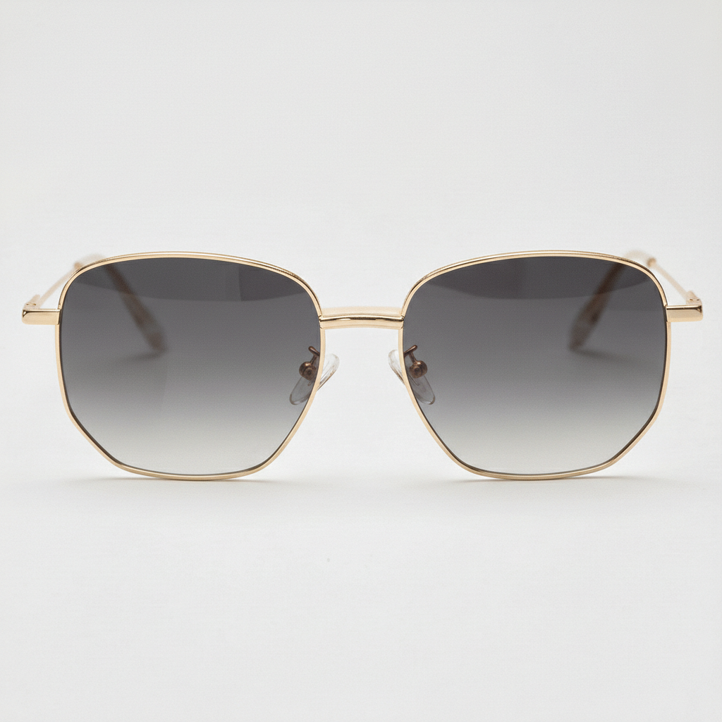 Ruth Grey Gradient Lens Sunglasses - Gold Geometric Metal Frame - Front View
