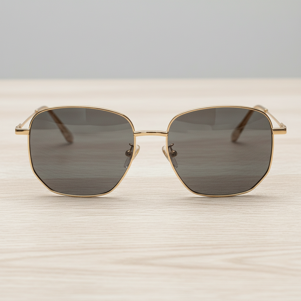 Ruth Grey Tinted Lens Sunglasses - Gold Geometric Metal Frame - Lifestyle Shot