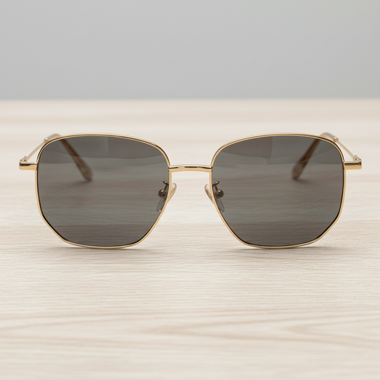 Ruth Grey Tinted Lens Sunglasses - Gold Geometric Metal Frame - Lifestyle Shot