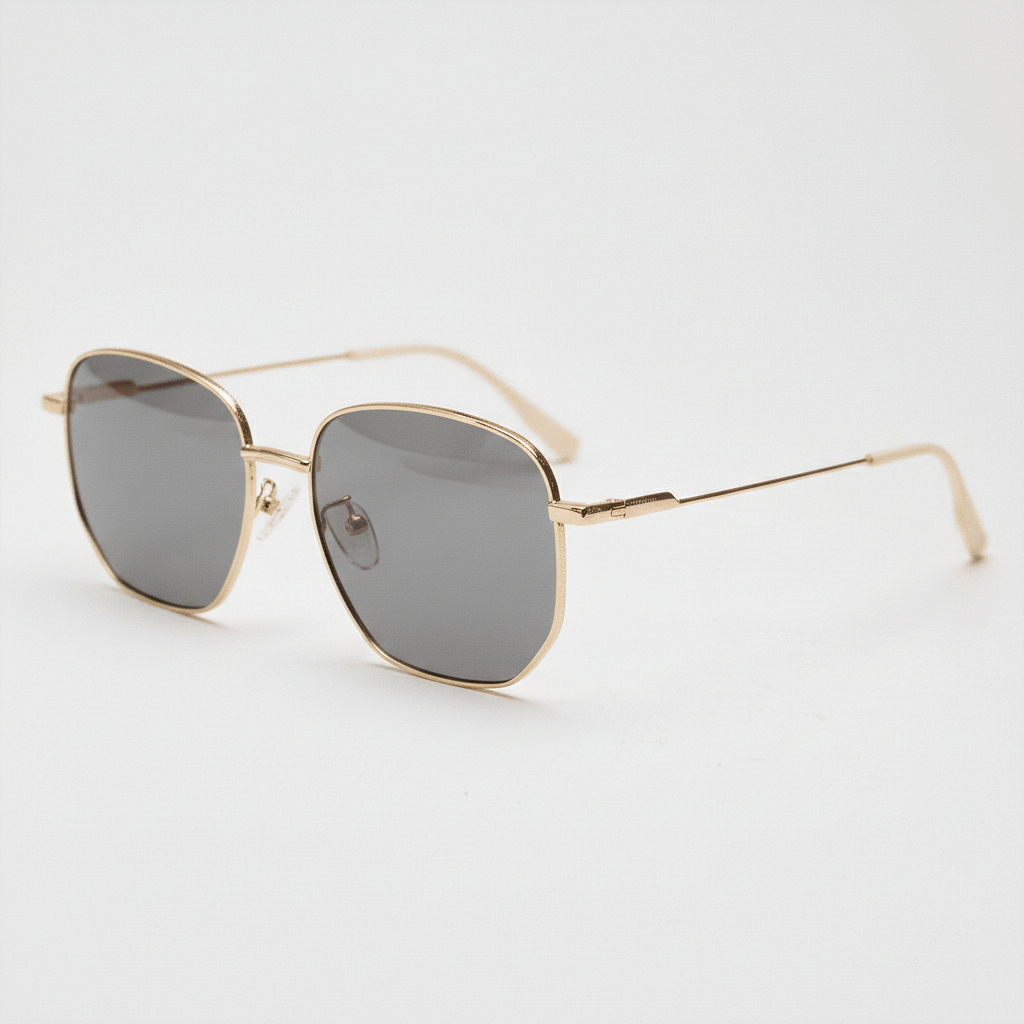 Ruth Grey Tinted Lens Sunglasses - Gold Geometric Metal Frame - Side View