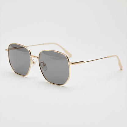 Ruth Grey Tinted Lens Sunglasses - Gold Geometric Metal Frame - Side View