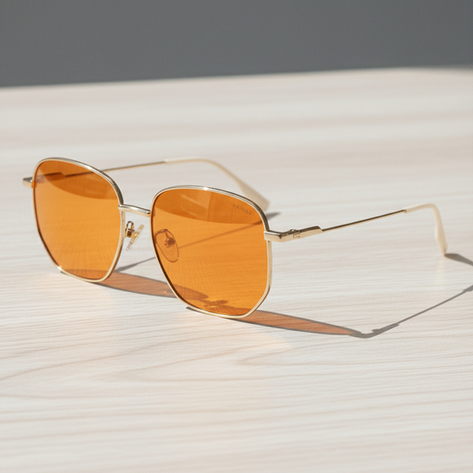 Ruth Orange Tinted Lens Sunglasses - Gold Geometric Metal Frame - Lifestyle Shot