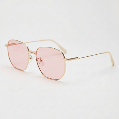 Ruth Pink Tinted Lens Sunglasses - Gold Geometric Metal Frame - Side View