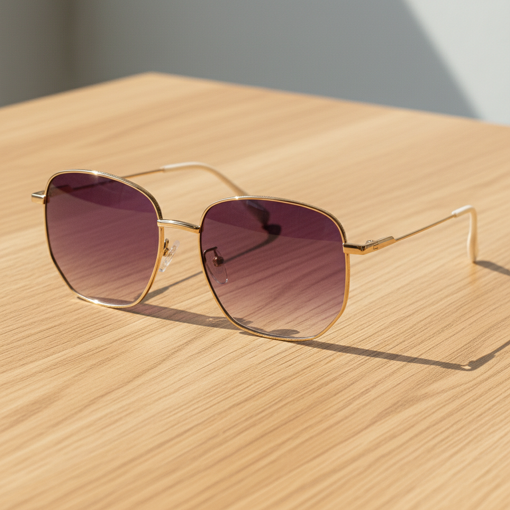 Ruth Purple Gradient Lens Sunglasses - Gold Geometric Metal Frame - Lifestyle Shot