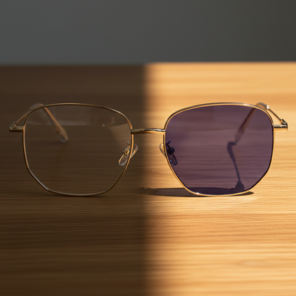Ruth Purple Photochromic Lens Glasses - Gold Geometric Metal Frame - Lifestyle Shot