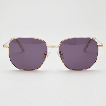 Ruth Purple Tinted Lens Sunglasses - Gold Geometric Metal Frame - Front View