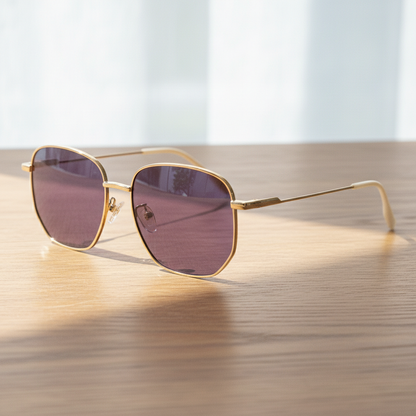 Ruth Purple Tinted Lens Sunglasses - Gold Geometric Metal Frame - Lifestyle Shot