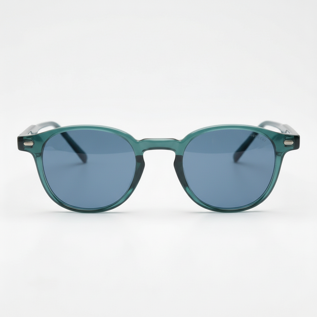 Tina Blue Tinted Lens Sunglasses - Green Round TR90 Frame - Front View