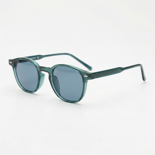 Tina Blue Tinted Lens Sunglasses - Green Round TR90 Frame - Side View