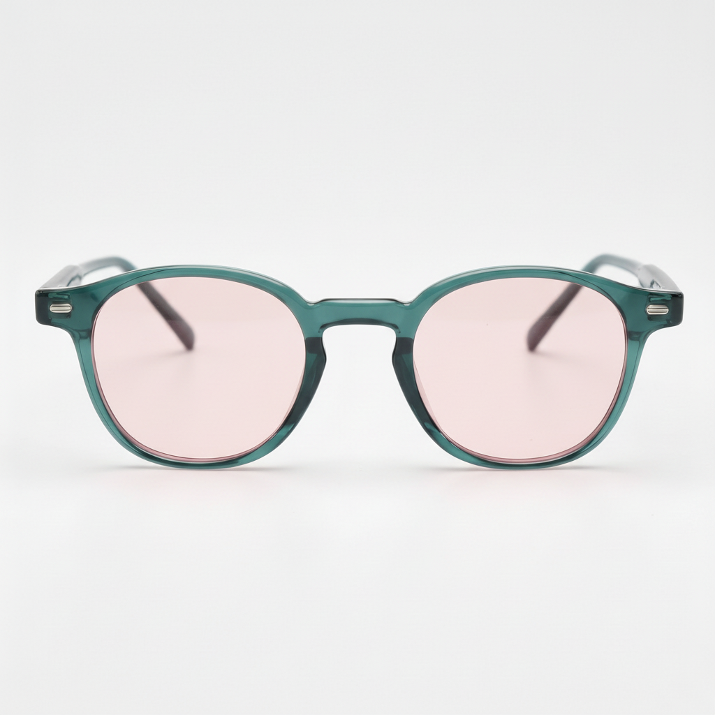 Tina Pink Tinted Lens Sunglasses - Green Round TR90 Frame - Front View