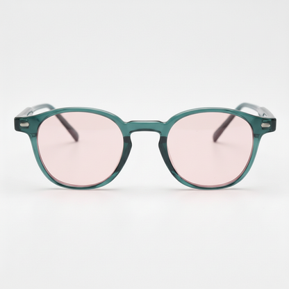 Tina Pink Tinted Lens Sunglasses - Green Round TR90 Frame - Front View