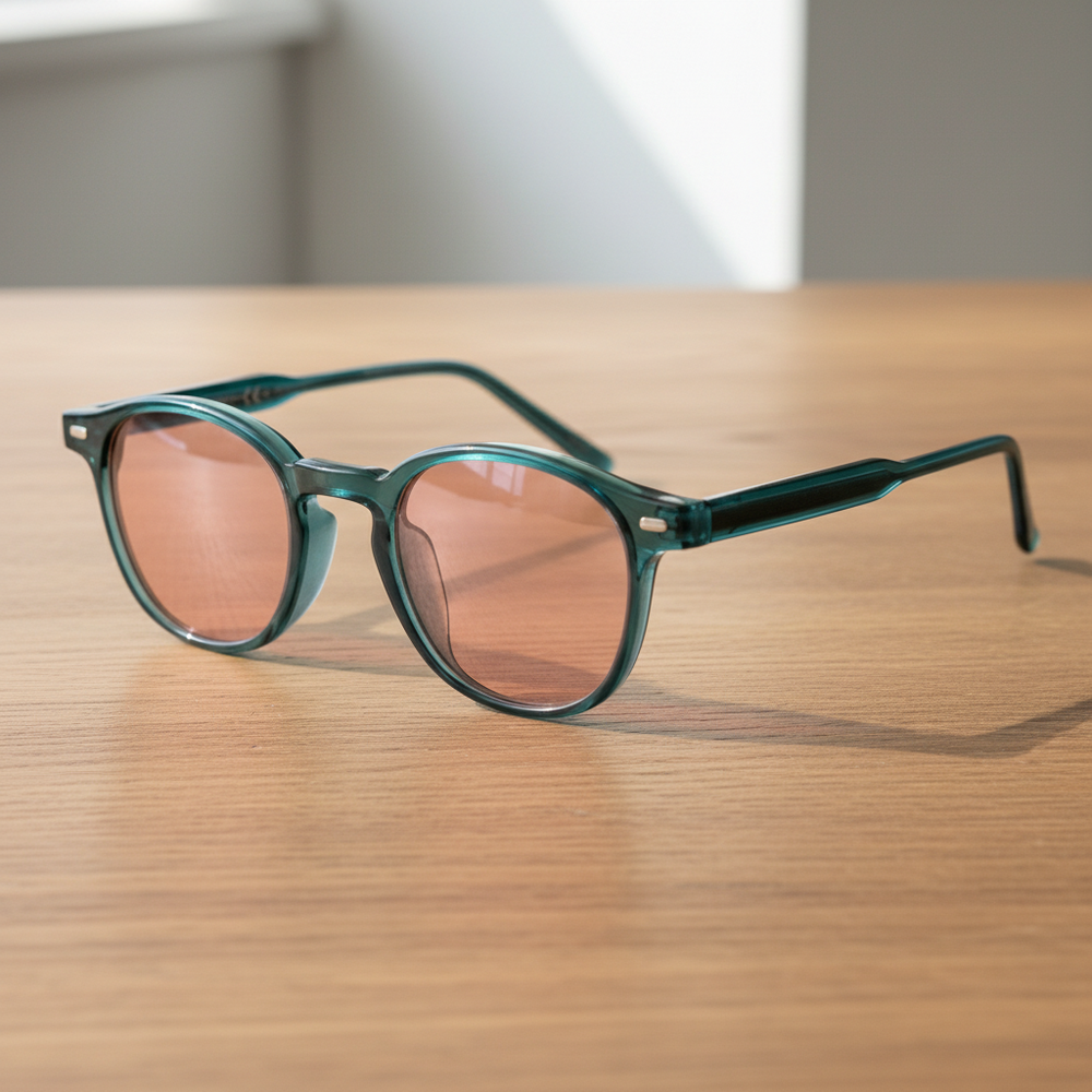 Tina FL-41  Rose Tinted Lens Glasses - Green Round TR90 Frame