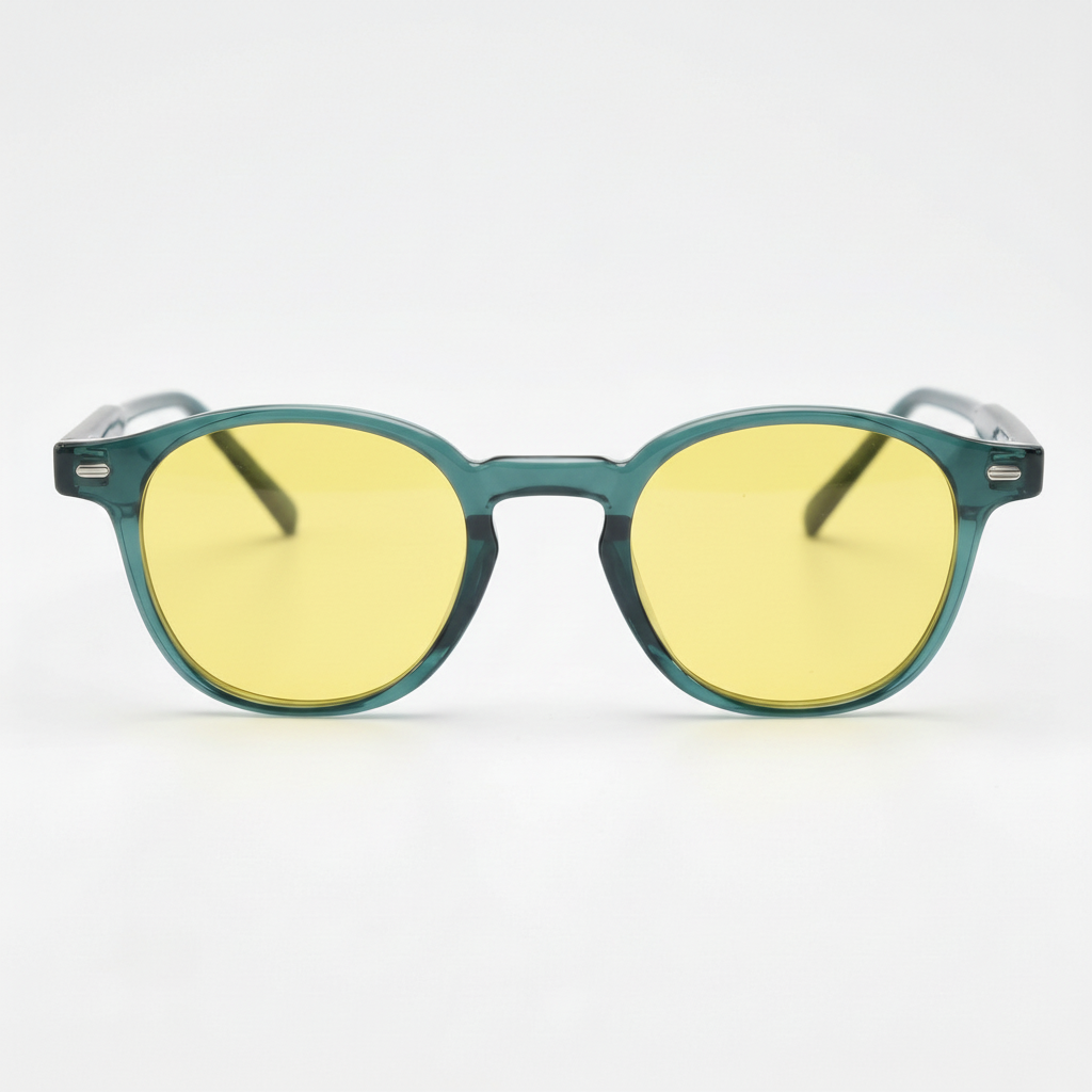 Tina Yellow Tinted Lens Sunglasses - Green Round TR90 Frame - Front View