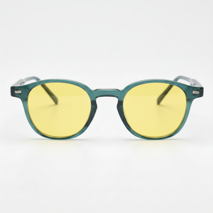 Tina Yellow Tinted Lens Sunglasses - Green Round TR90 Frame - Front View