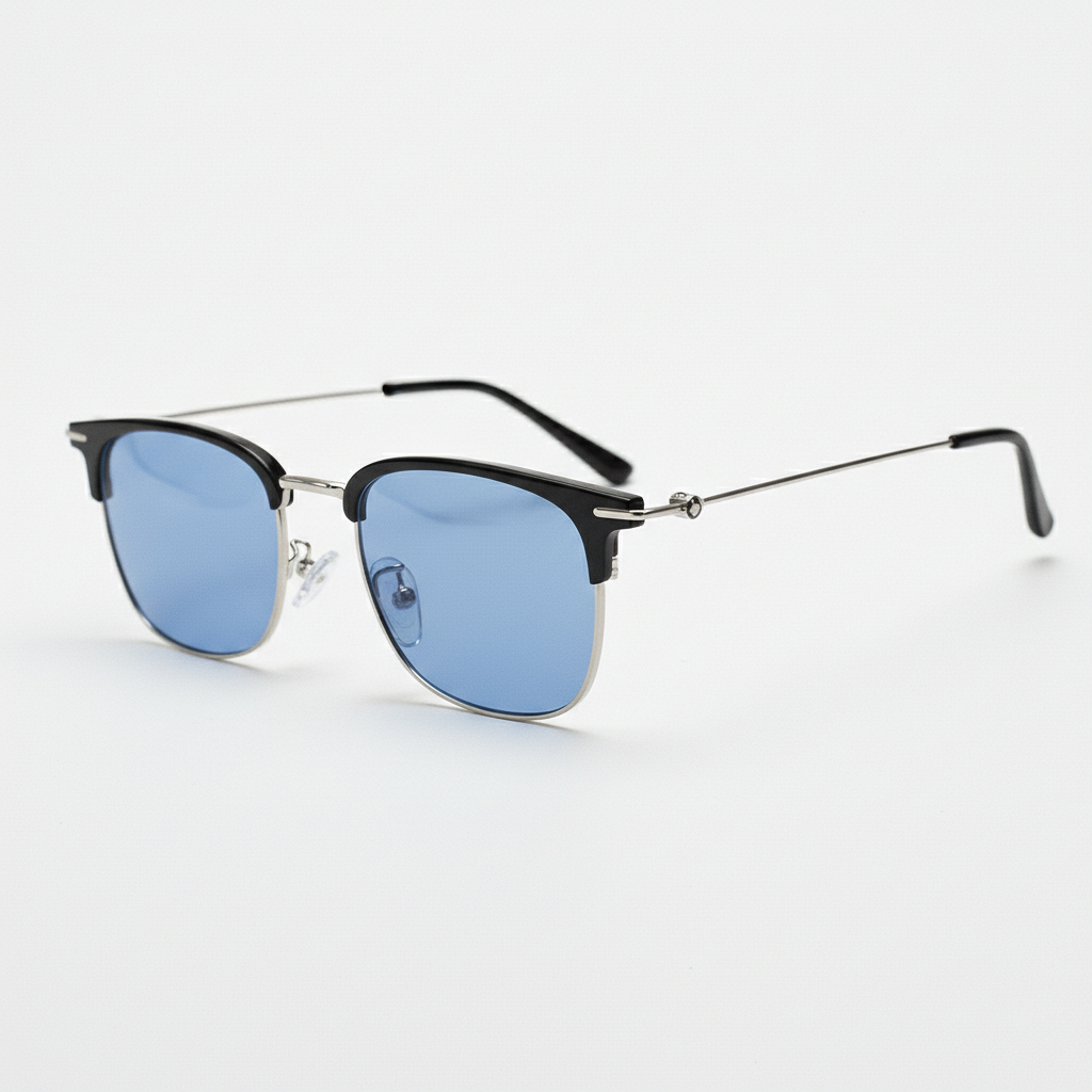 Vicky Blue Tinted Lens Sunglasses - Silver Browline TR90 Frame - Side View