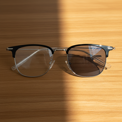 Vicky Grey Photochromic Lens Glasses - Silver Browline TR90 Frame - Lifestyle Shot