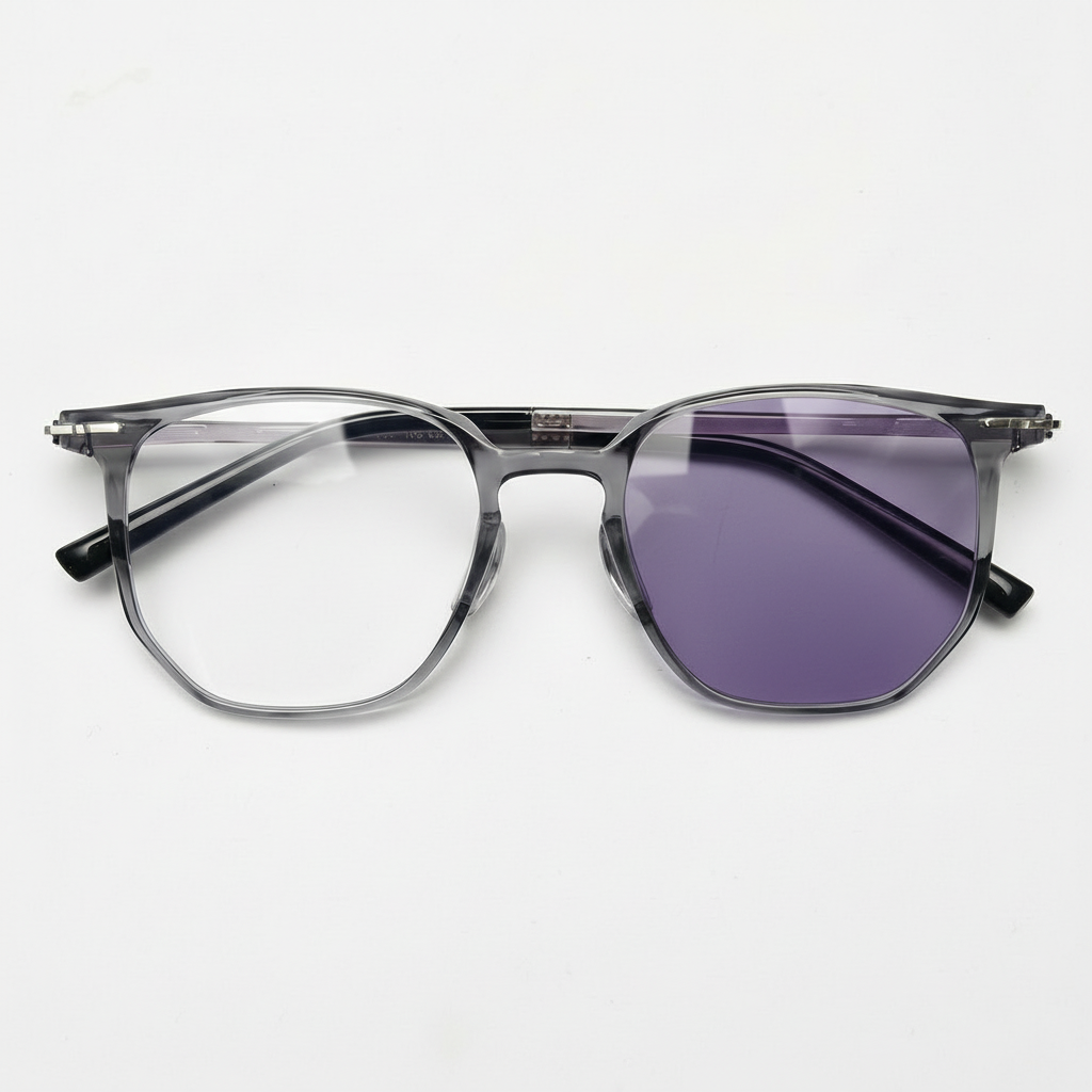 Yetta Purple Photochromic Lens Glasses - Transparent gray Geometric TR90 Frame - Front View