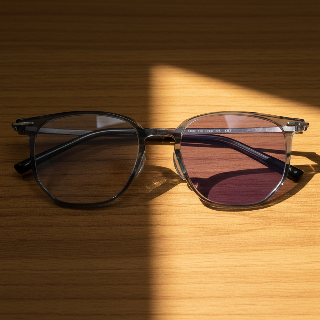 Yetta Purple Photochromic Lens Glasses - Transparent gray Geometric TR90 Frame - Lifestyle Shot