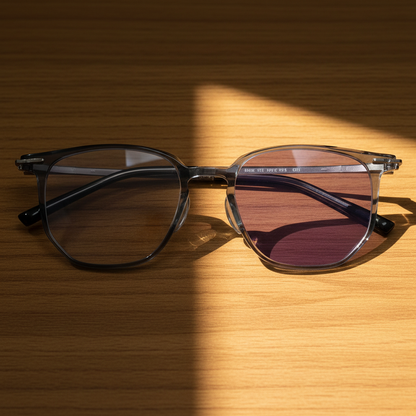 Yetta Purple Photochromic Lens Glasses - Transparent gray Geometric TR90 Frame - Lifestyle Shot