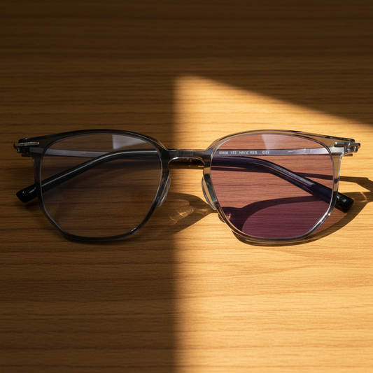 Yetta Purple Photochromic Lens Glasses - Transparent gray Geometric TR90 Frame - Lifestyle Shot