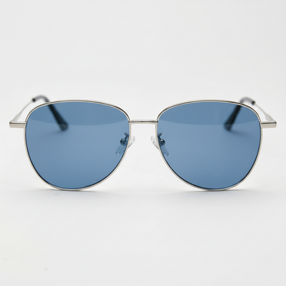 Zoe Blue Tinted Lens Sunglasses - Silver Aviator Metal Frame - Front View