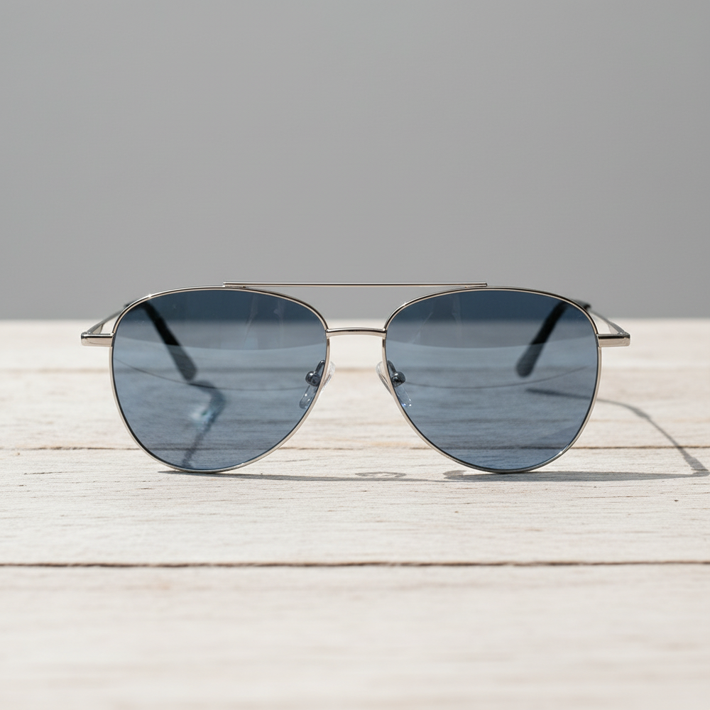 Zoe Blue Tinted Lens Sunglasses - Silver Aviator Metal Frame