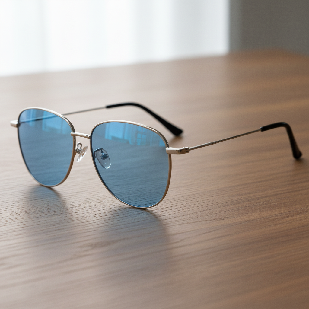 Zoe Blue Tinted Lens Sunglasses - Silver Aviator Metal Frame - Lifestyle Shot