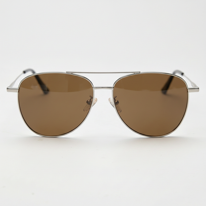Zoe Brown Tinted Lens Sunglasses - Silver Aviator Metal Frame - Front View