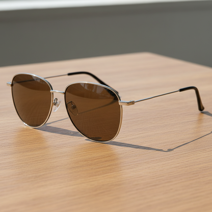 Zoe Brown Tinted Lens Sunglasses - Silver Aviator Metal Frame - Lifestyle Shot