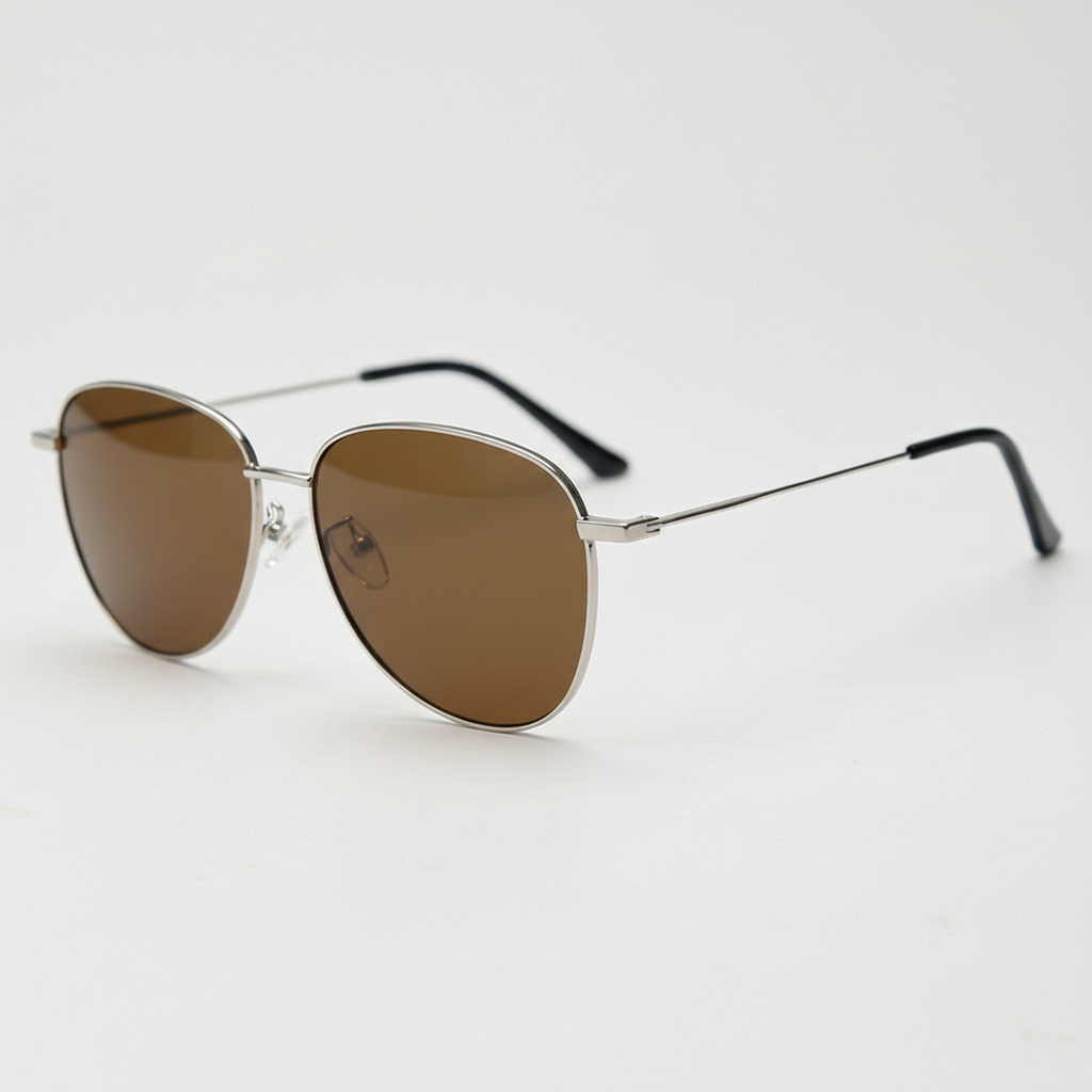 Zoe Brown Tinted Lens Sunglasses - Silver Aviator Metal Frame - Side View