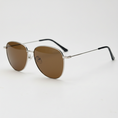 Zoe Brown Tinted Lens Sunglasses - Silver Aviator Metal Frame - Side View