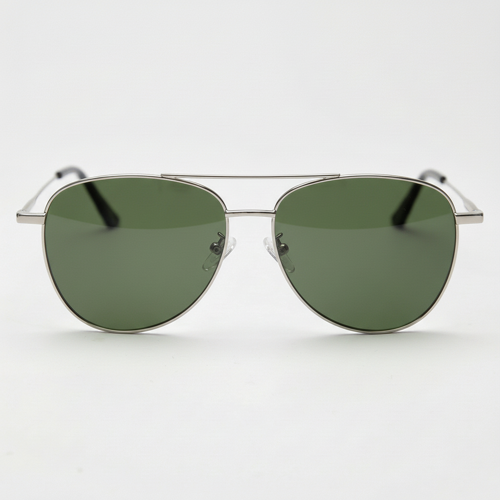Zoe Green Tinted Lens Sunglasses - Silver Aviator Metal Frame - Front View