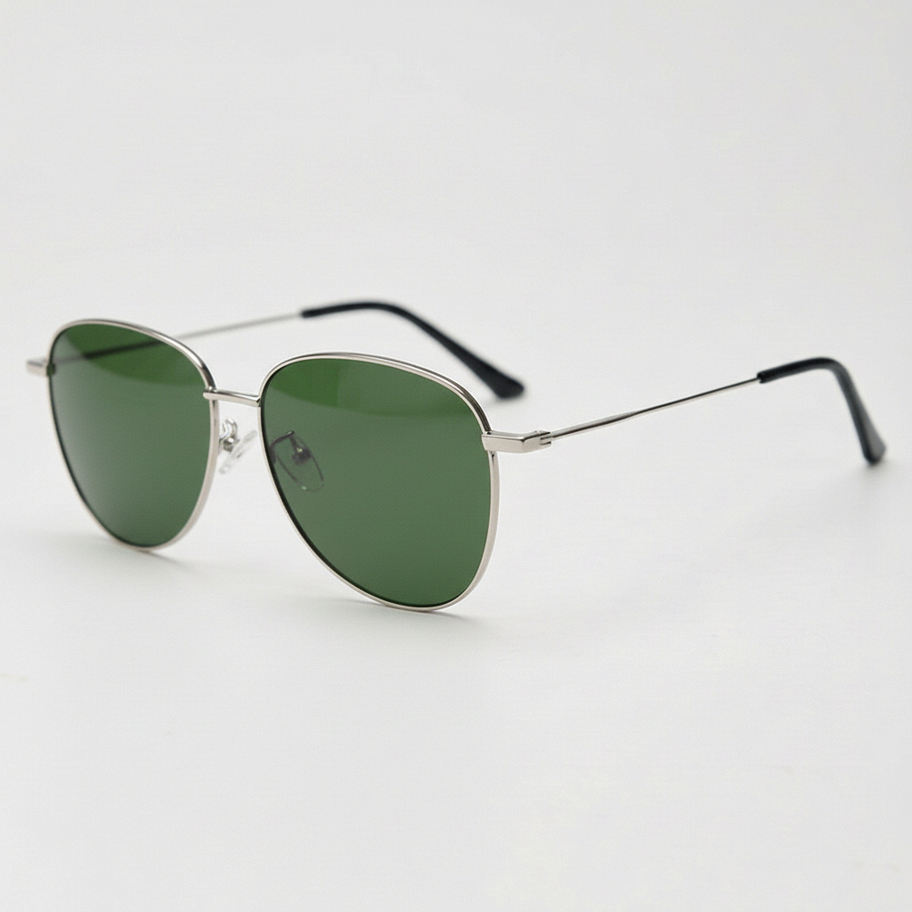Zoe Green Tinted Lens Sunglasses - Silver Aviator Metal Frame - Side View