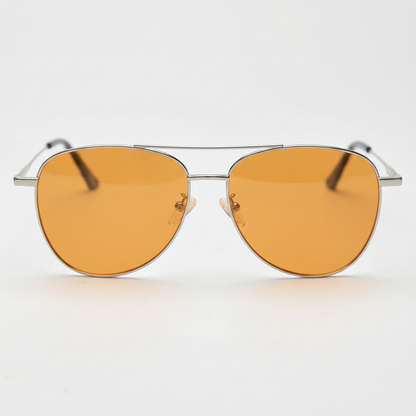 Zoe Orange Tinted Lens Sunglasses - Silver Aviator Metal Frame - Front View