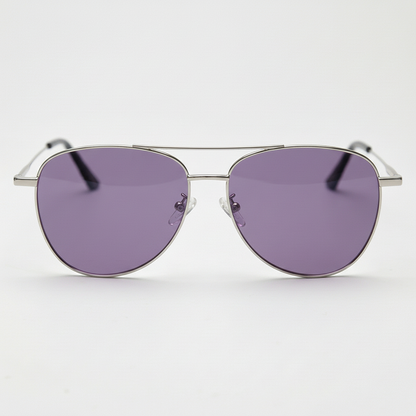 Zoe Purple Tinted Lens Sunglasses - Silver Aviator Metal Frame - Front View