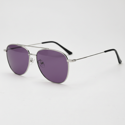 Zoe Purple Tinted Lens Sunglasses - Silver Aviator Metal Frame - Side View