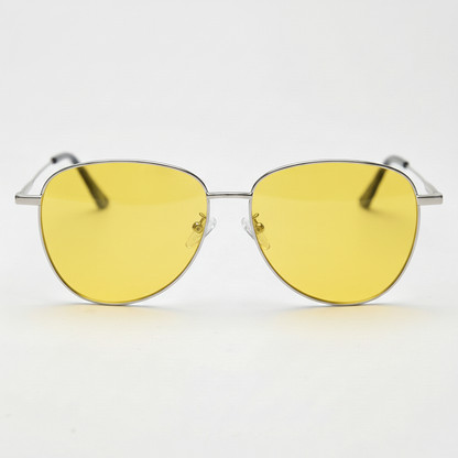 Zoe Yellow Tinted Lens Sunglasses - Silver Aviator Metal Frame - Front View