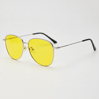 Zoe Yellow Tinted Lens Sunglasses - Silver Aviator Metal Frame - Side View